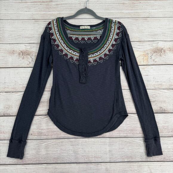 Free People Tops - We the Free People Embroidered Henley Thermal Shirt Womens Small Blue Red Green